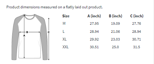 size guide baseball long sleeve